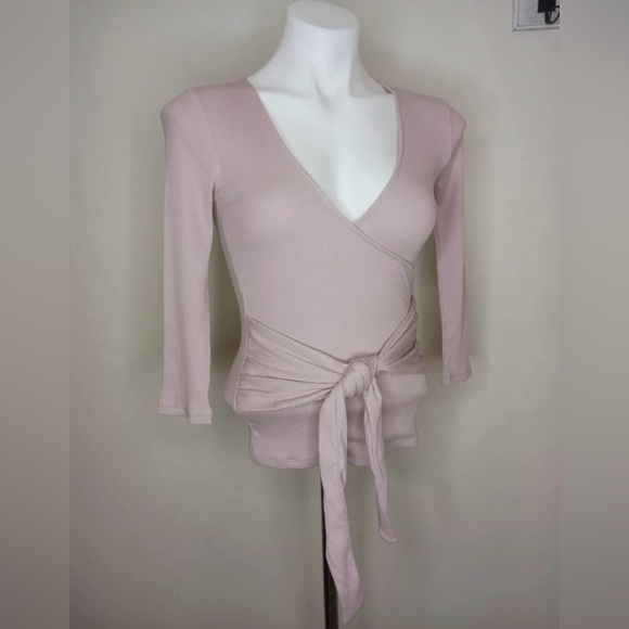 Express One Eleven Ribbed Wrap Tie Top XS Blush Pink Long Sleeve - Picture 2 of 11